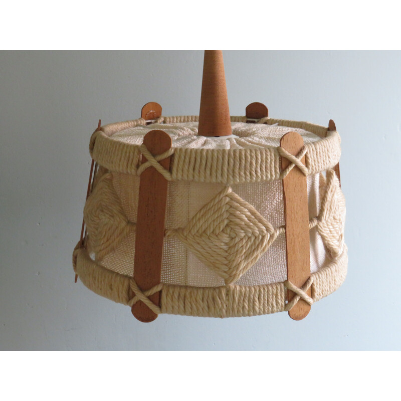 Vintage hanglamp in jute, teak en touw, België 1960