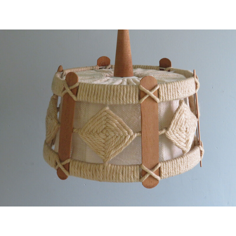 Vintage hanglamp in jute, teak en touw, België 1960