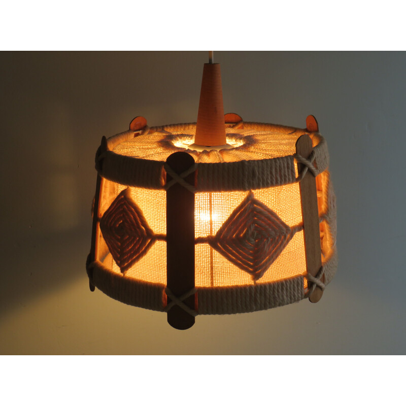 Mid-century jute,teak and rope pendant lamp, Belgium 1960s