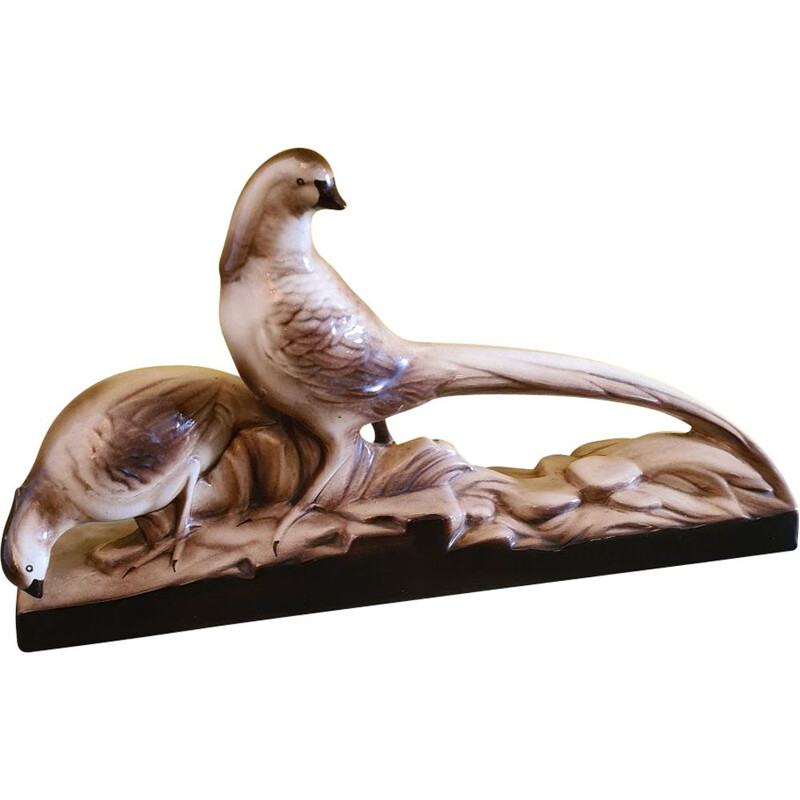 Vintage art deco ceramic pheasant statue, France 1920