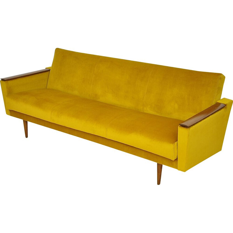 Vintage yellow velvet 3-seater sofa with fold-out function, 1960s