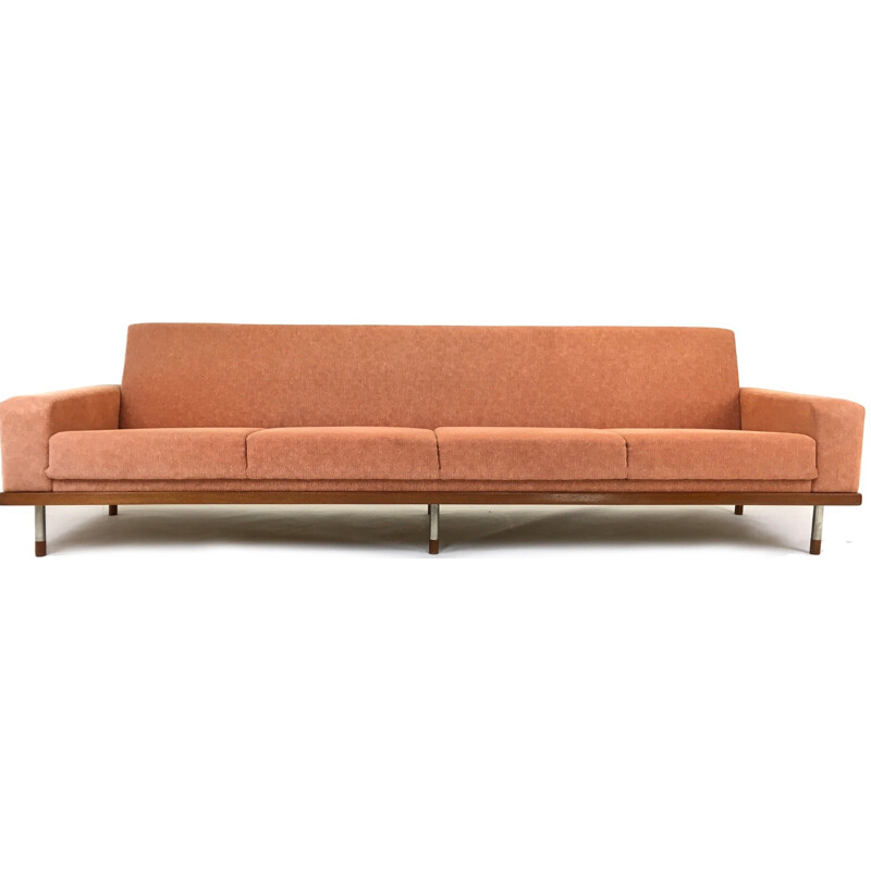 Mid-century 4-seater sofa in teak and fabric - 1960s