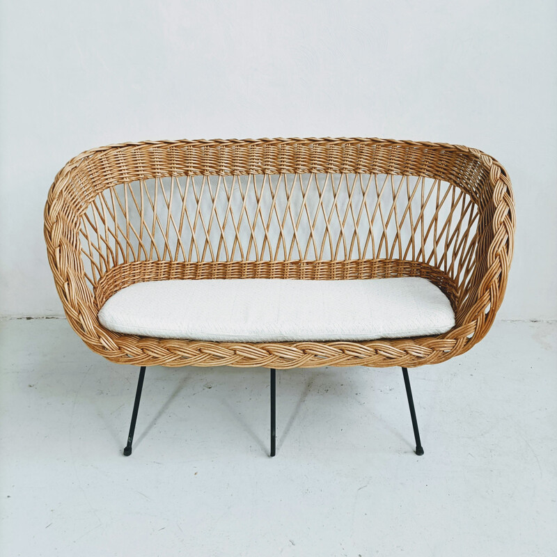 Vintage 2 seater sofa in rattan and metal