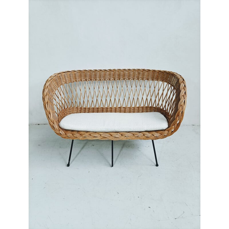 Vintage 2 seater sofa in rattan and metal