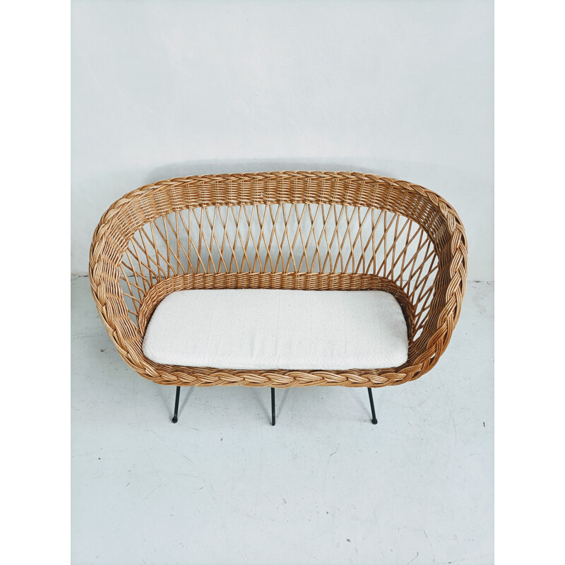 Divano vintage a 2 posti in rattan e metallo