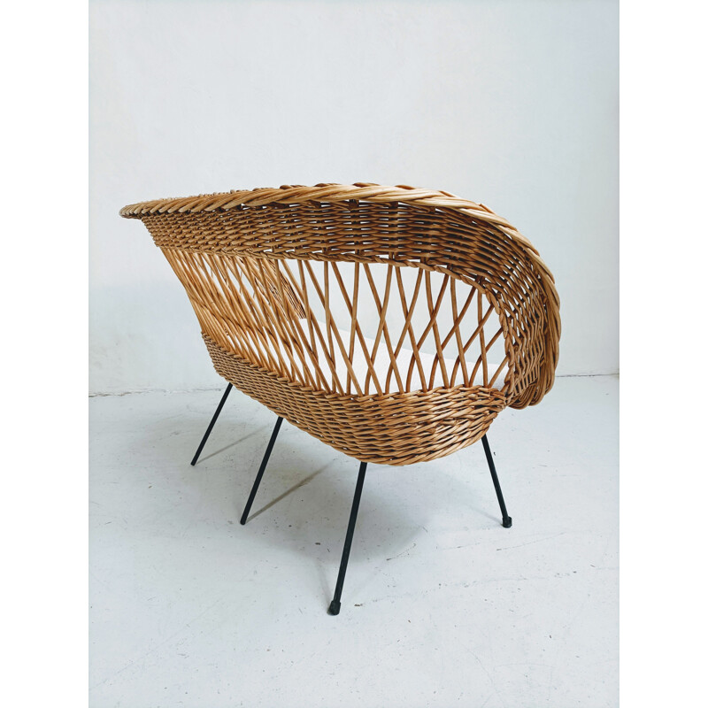 Divano vintage a 2 posti in rattan e metallo