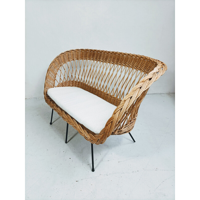 Divano vintage a 2 posti in rattan e metallo