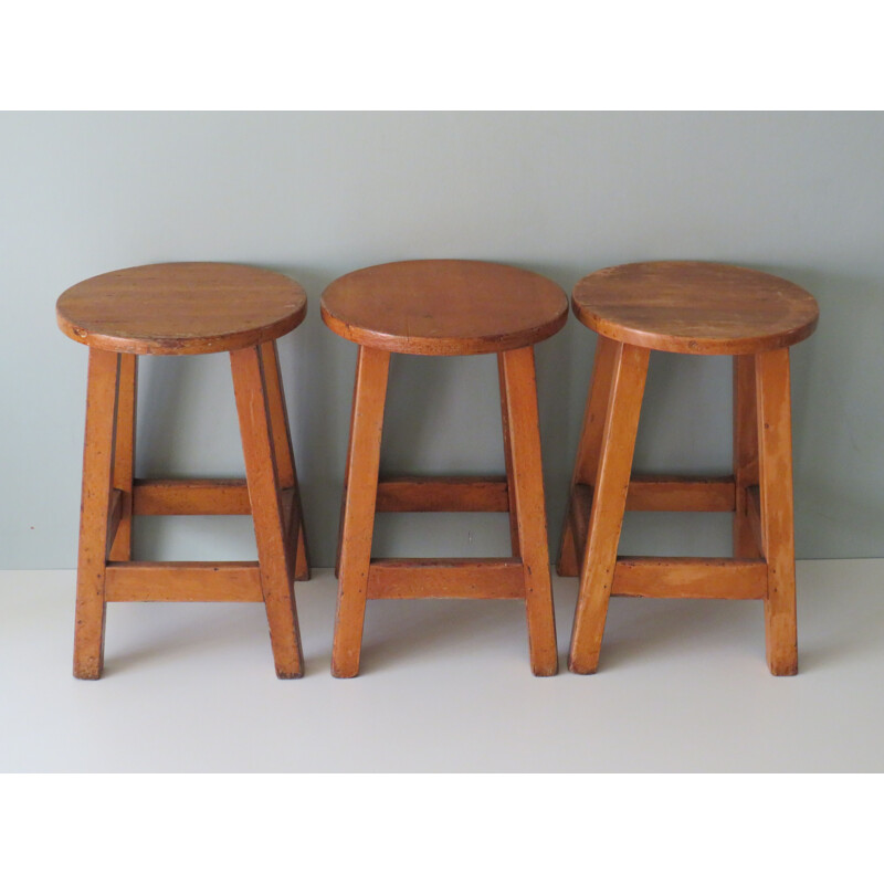 Set of 3 vintage wooden studio stools, Belgium 1960s