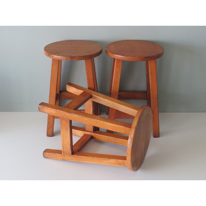 Set of 3 vintage wooden studio stools, Belgium 1960s