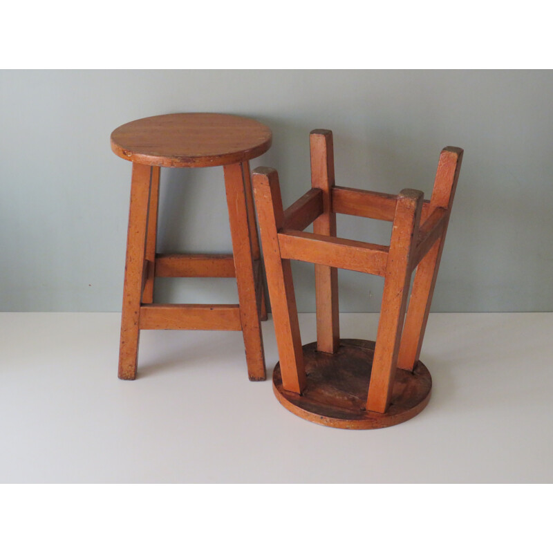 Ensemble de 3 tabourets d'atelier vintage en bois, Belgique 1960