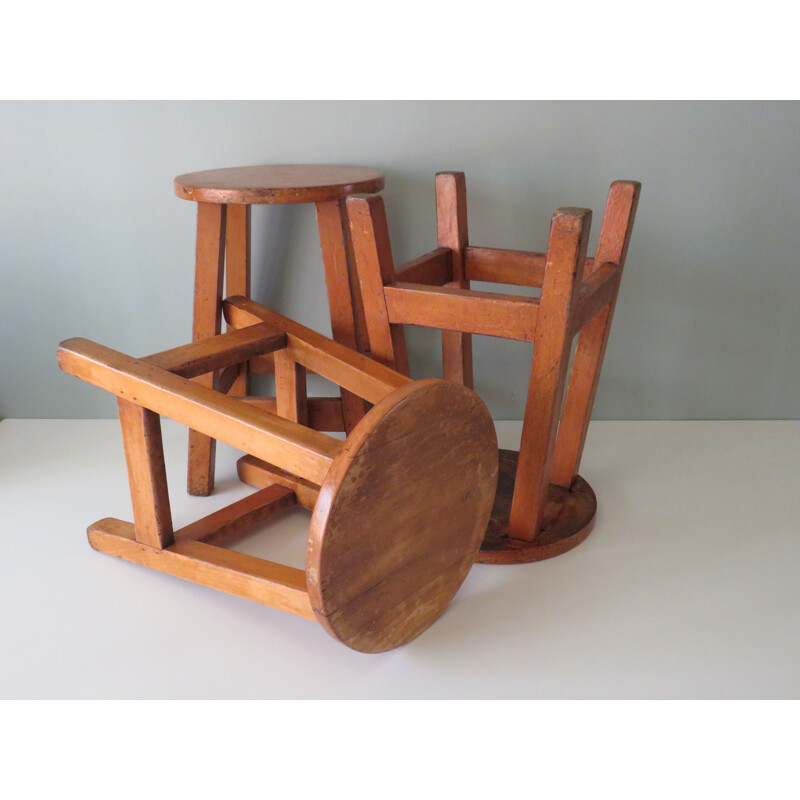 Set of 3 vintage wooden studio stools, Belgium 1960s