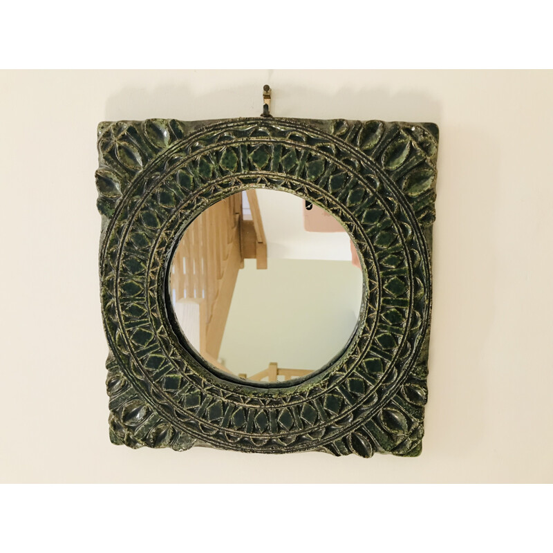 Vintage glazed ceramic mirror attributed to Les Argonautes, 1950s