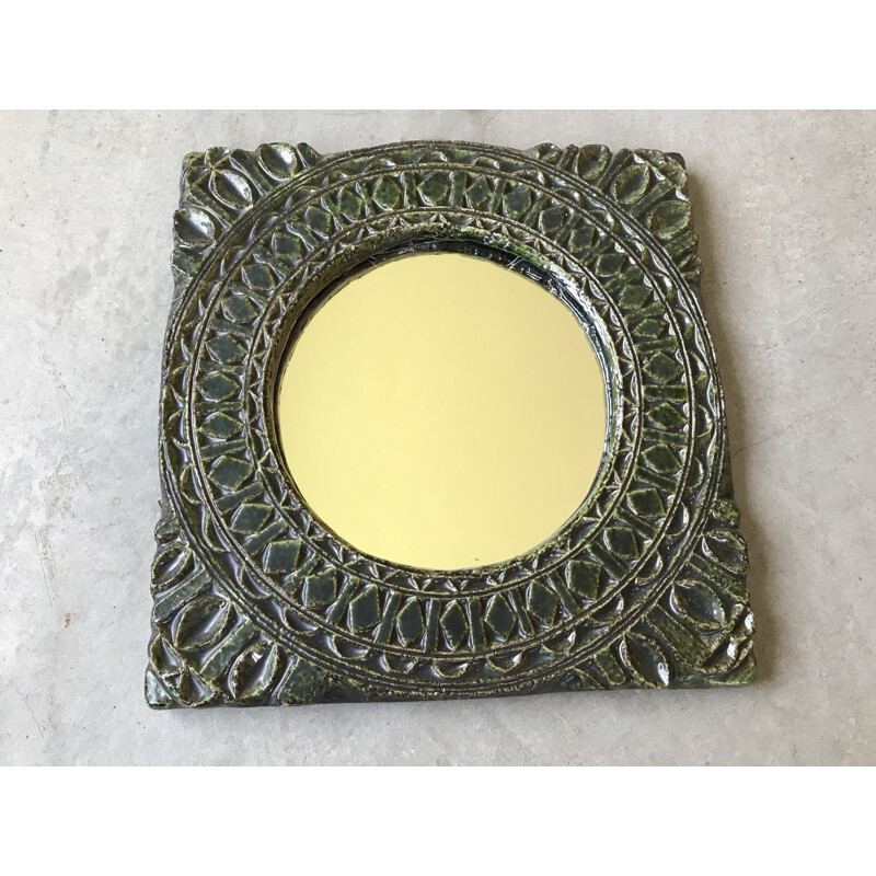 Vintage glazed ceramic mirror attributed to Les Argonautes, 1950s