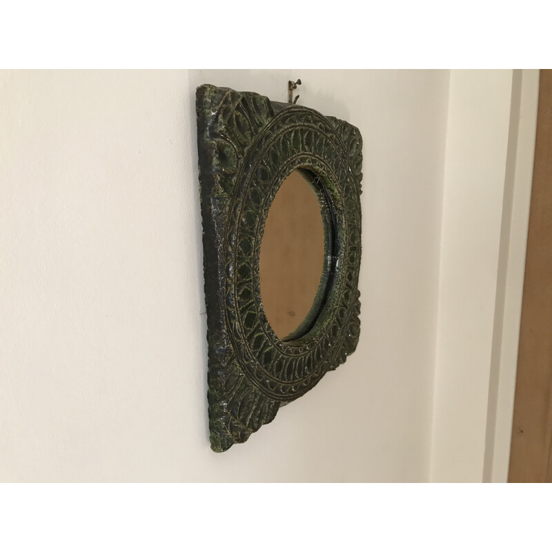 Vintage glazed ceramic mirror attributed to Les Argonautes, 1950s