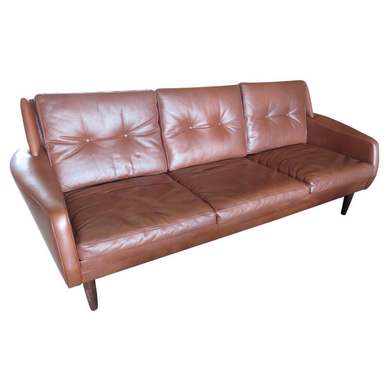 Danish 3 seater brown leather sofa - 1960s