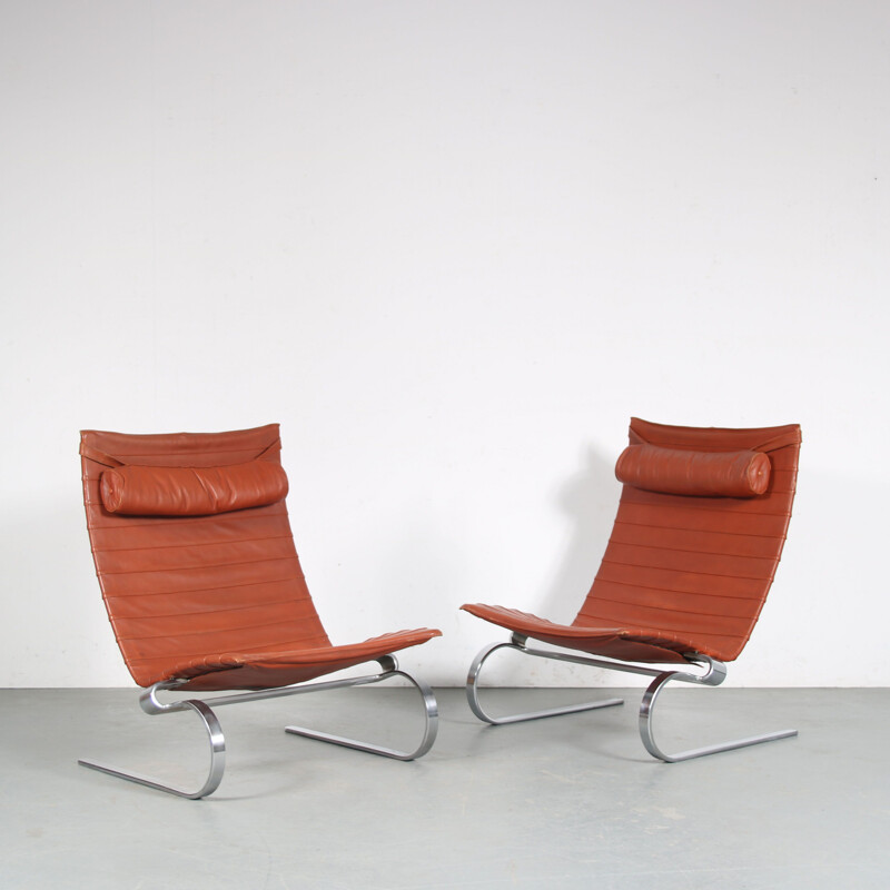 Pair of vintage chromed metal armchairs Pk20 by Poul Kjaerholm for E. Kold Christensen, Denmark 1960