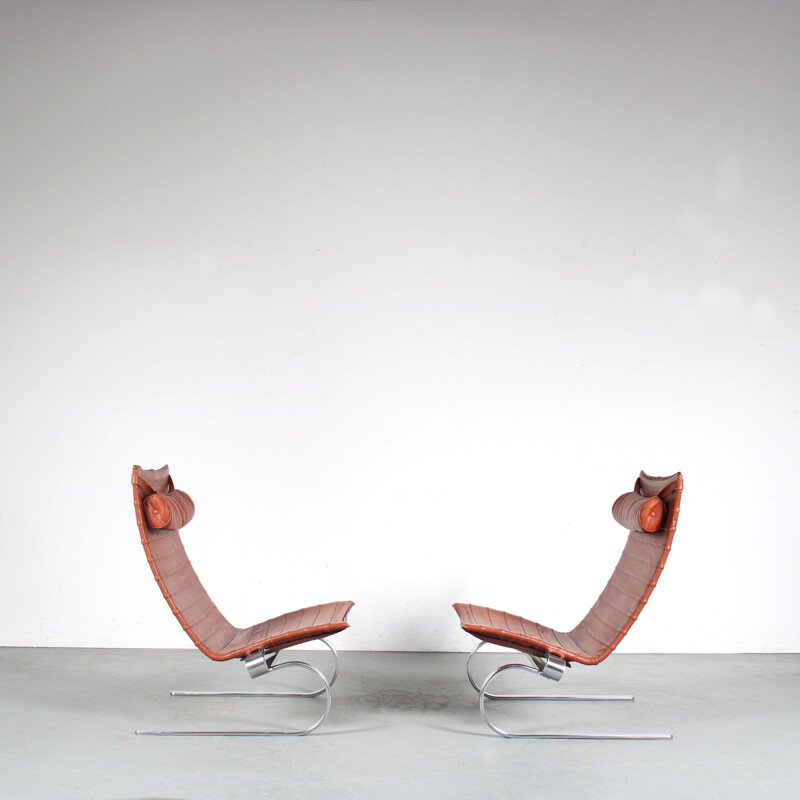 Pair of vintage chromed metal armchairs Pk20 by Poul Kjaerholm for E. Kold Christensen, Denmark 1960