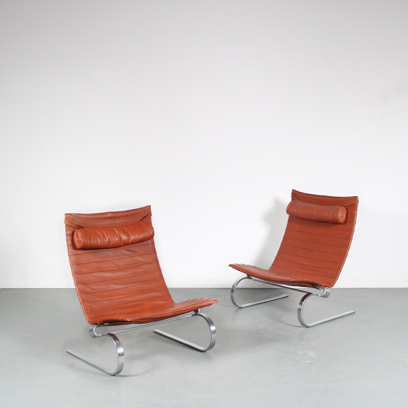 Pair of vintage chromed metal armchairs Pk20 by Poul Kjaerholm for E. Kold Christensen, Denmark 1960