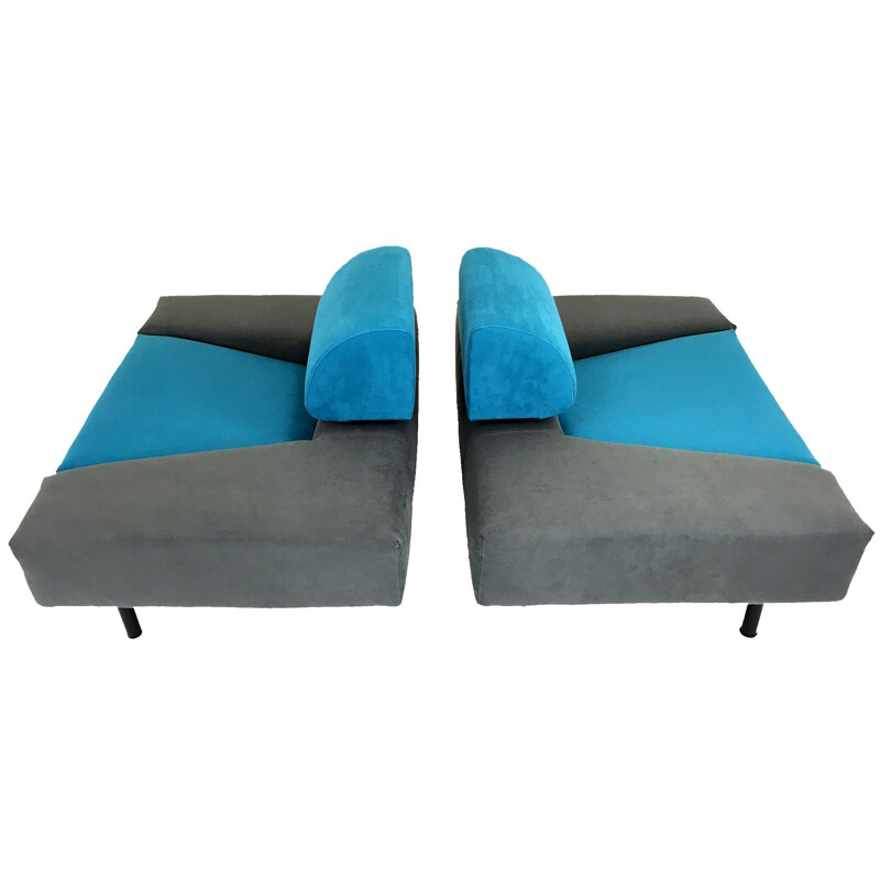 Pair of Pastoe "Pouffe Garni" armchairs in blue and grey fabric, Rob ECKHARDT - 1980s