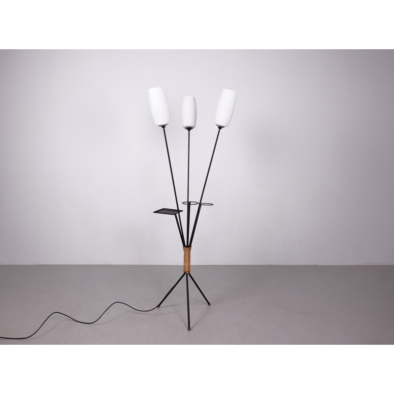 Vintage black metal floor lamp with three white shades - 1960s