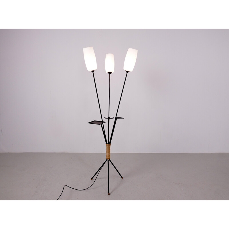 Vintage black metal floor lamp with three white shades - 1960s