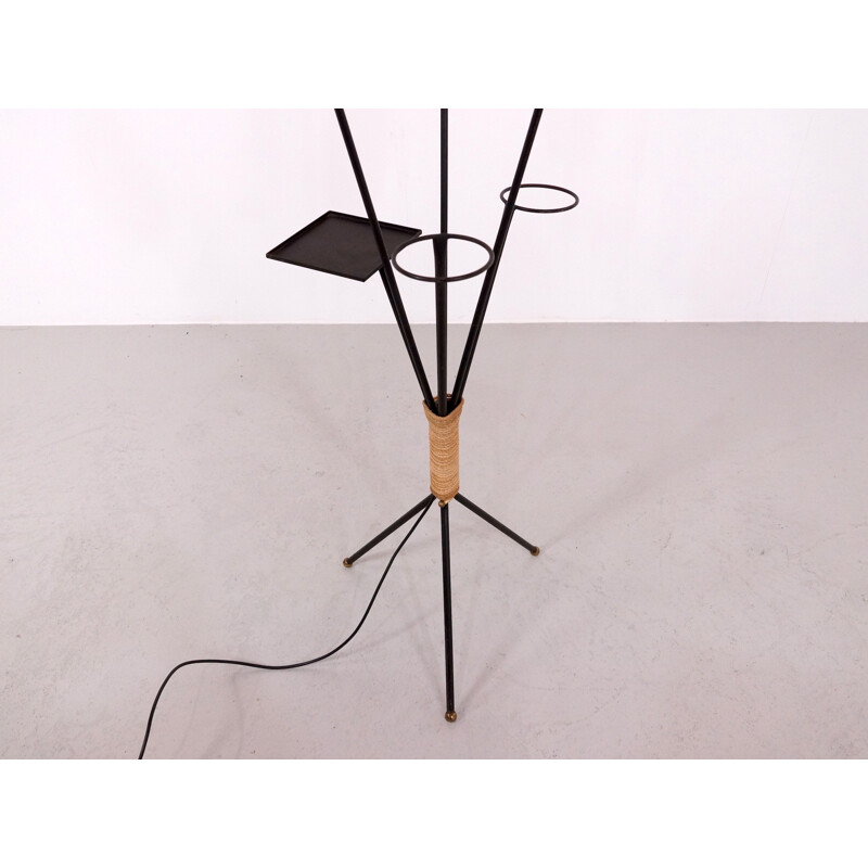 Vintage black metal floor lamp with three white shades - 1960s