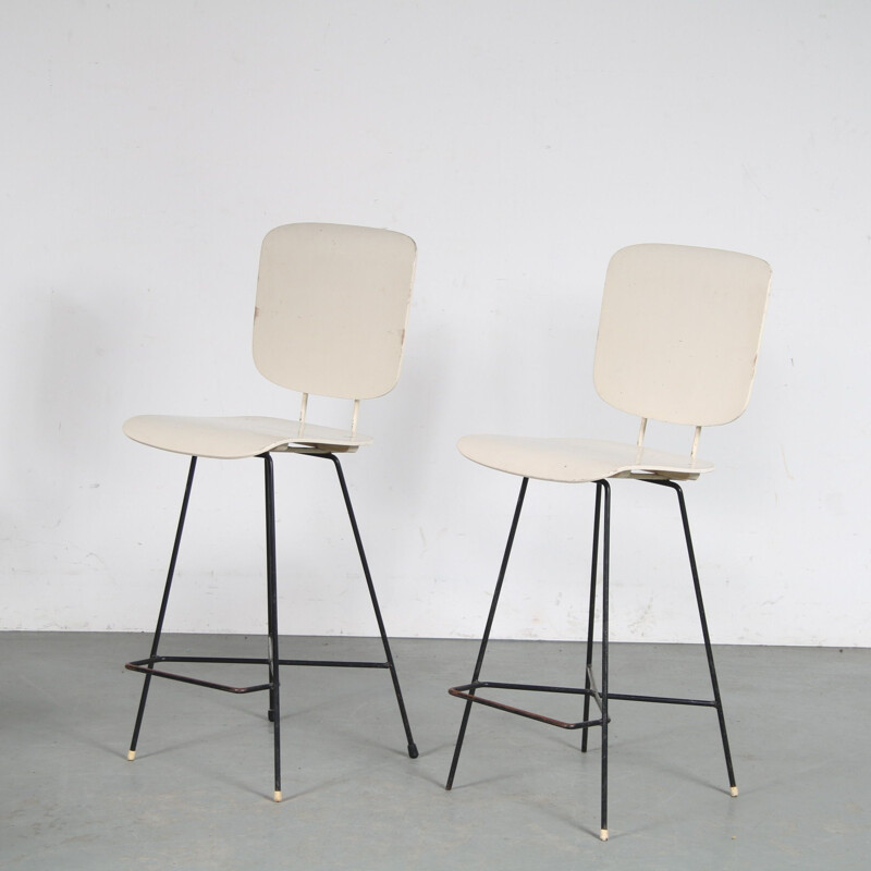 Vintage bar stools in black lacquered tubular metal by P.J. van der Klugt for Everest, Netherlands 1950