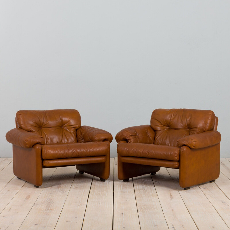 Pair of vintage Coronado armchairs in tan brown aniline leather by Tobia Scarpa for C&B, Italia 1960s