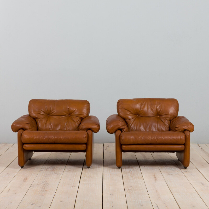 Pair of vintage Coronado armchairs in tan brown aniline leather by Tobia Scarpa for C&B, Italia 1960s