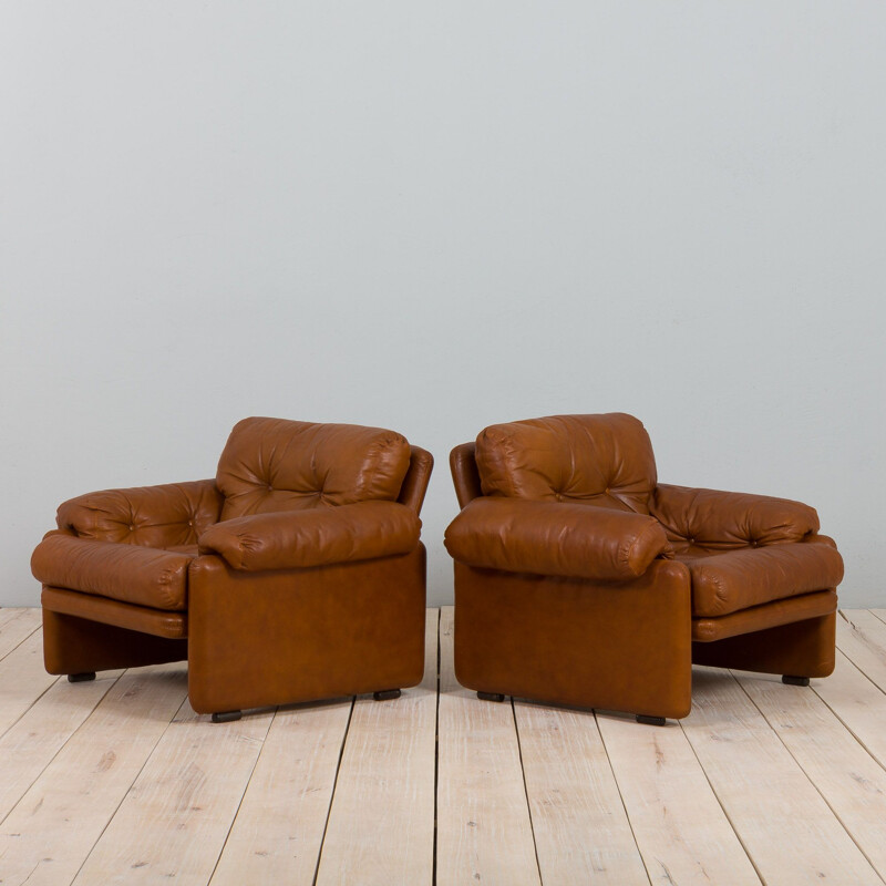 Pareja de sillones vintage Coronado en piel anilina marrón oscuro de Tobia Scarpa para C