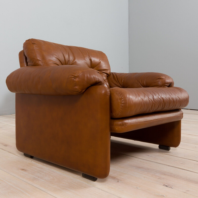 Pair of vintage Coronado armchairs in tan brown aniline leather by Tobia Scarpa for C&B, Italia 1960s