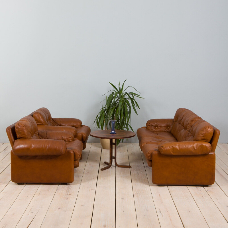 Pair of vintage Coronado armchairs in tan brown aniline leather by Tobia Scarpa for C&B, Italia 1960s