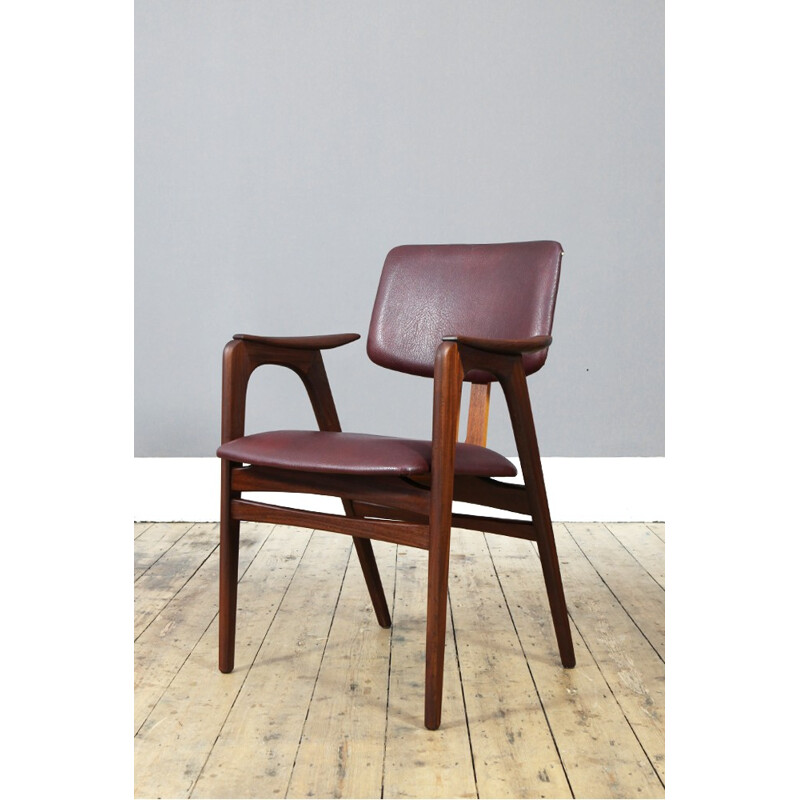 Dutch occasional chair in teak plywood and burgundy leatherette, Cees BRAAKMAN - 1960s