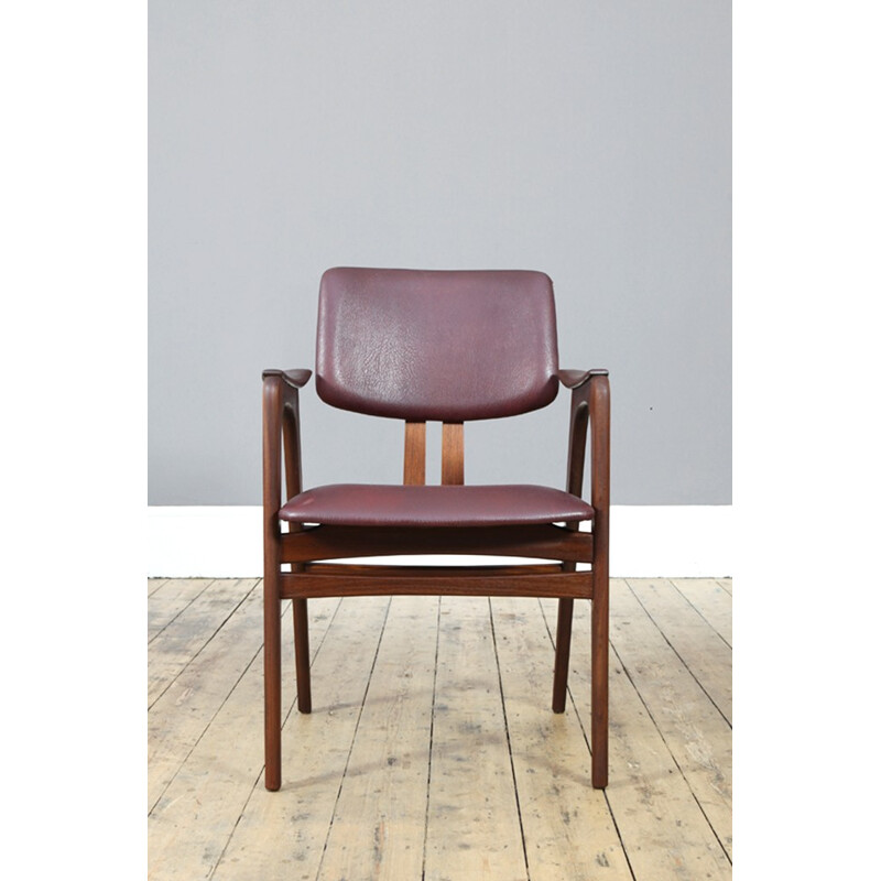 Dutch occasional chair in teak plywood and burgundy leatherette, Cees BRAAKMAN - 1960s
