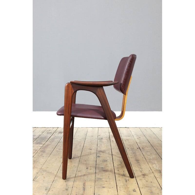 Dutch occasional chair in teak plywood and burgundy leatherette, Cees BRAAKMAN - 1960s