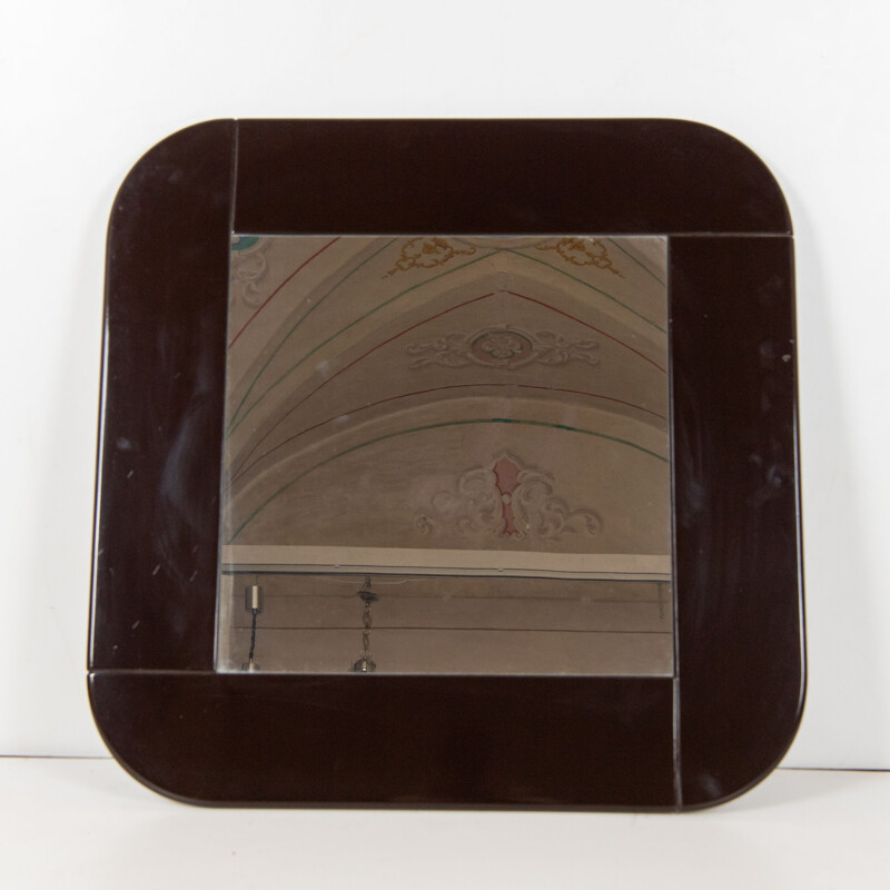 Miroir vintage carré noir avec cadre en bois, 1980