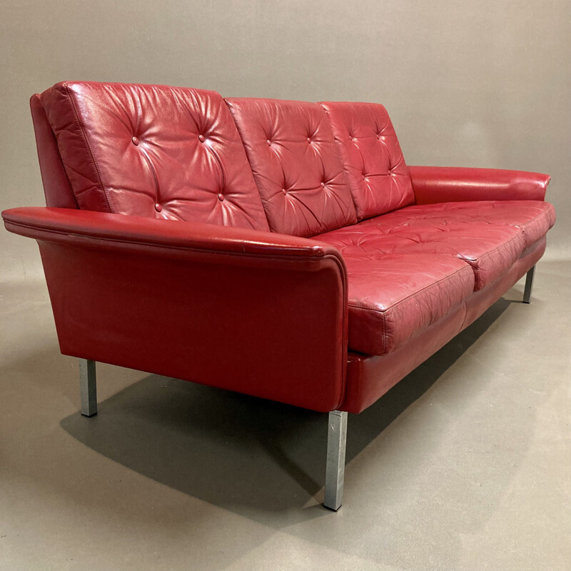 Vintage red leather 3-seater sofa, 1950s