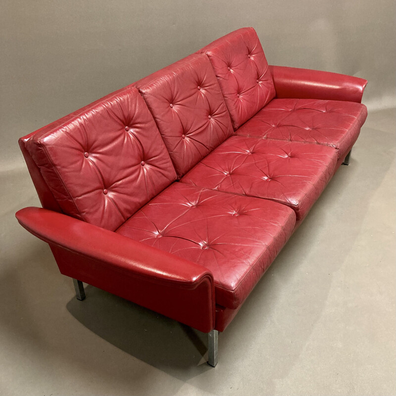 Sofá de cuero rojo de época de 3 plazas, 1950