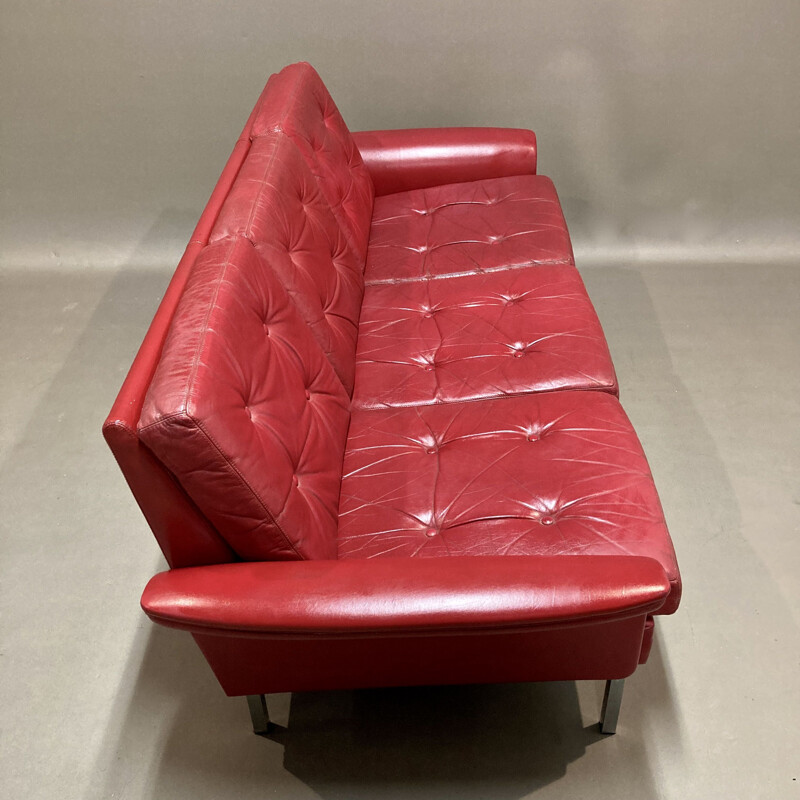 Sofá de couro vermelho de 3 lugares, 1950