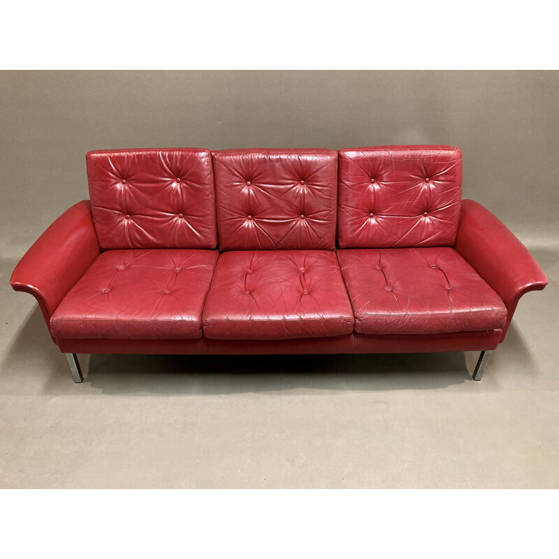 Vintage red leather 3-seater sofa, 1950s