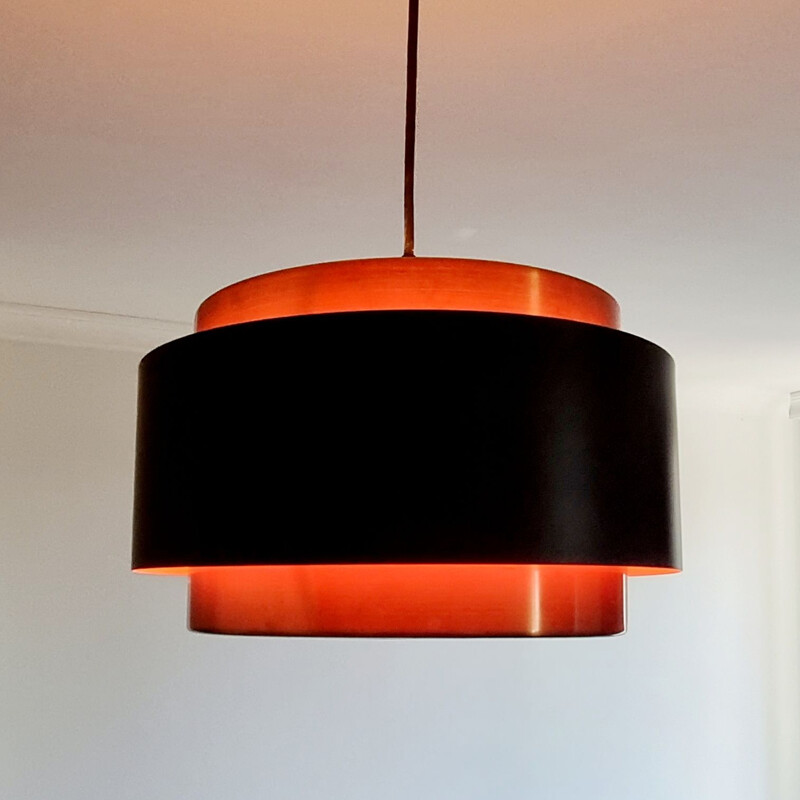 Vintage pendant lamp with copper and black shade by Jo Hammerborg for Fog and Mørup, Denmark 1960
