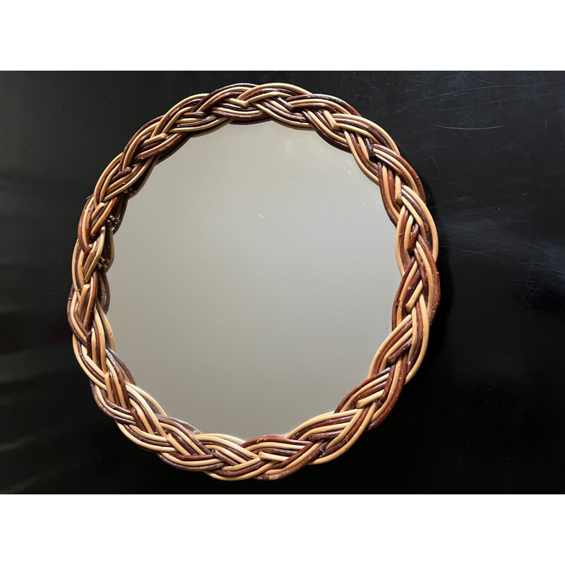 Vintage round wicker mirror, 1970