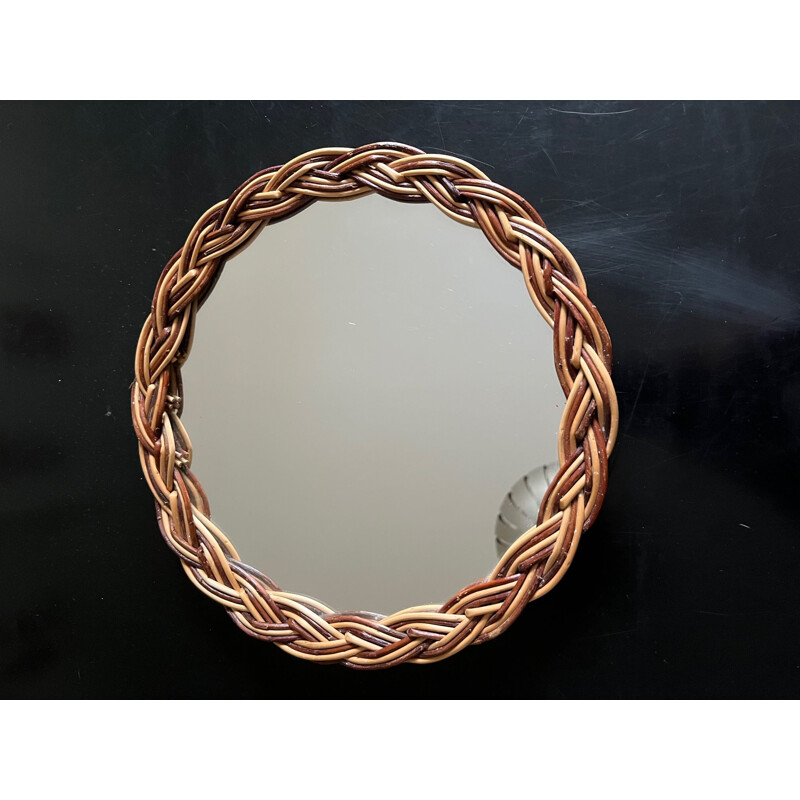 Miroir rond vintage en osier, 1970