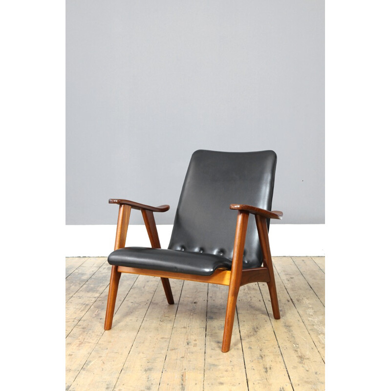 Dutch armchair in teak and black leatherette - 1960s