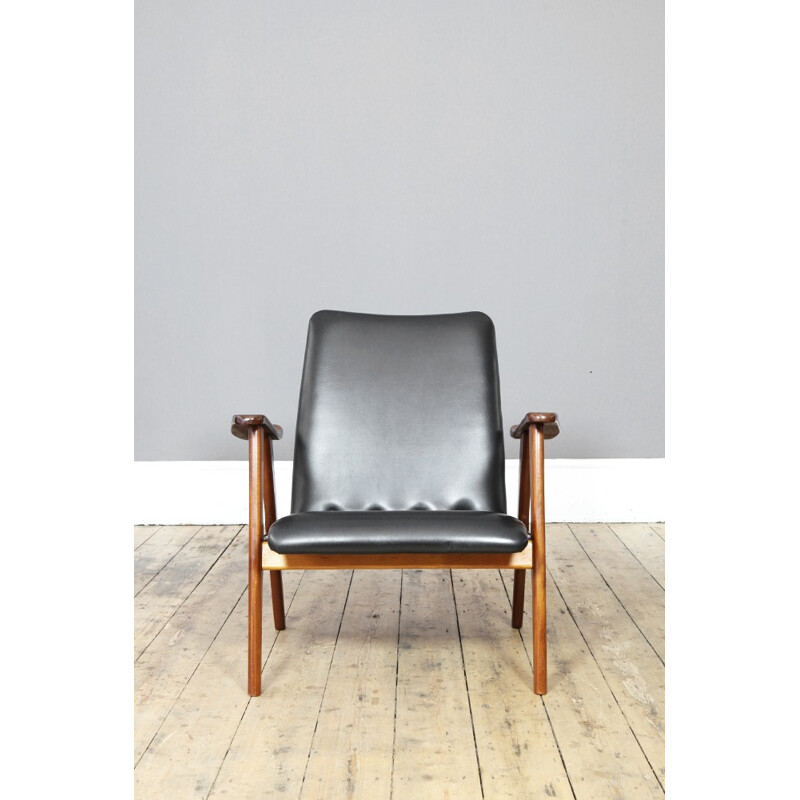 Dutch armchair in teak and black leatherette - 1960s