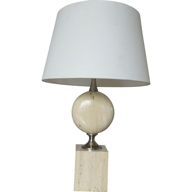 Vintage travertine and nickel-plated brass lamp by Philippe Barbier, France 1970