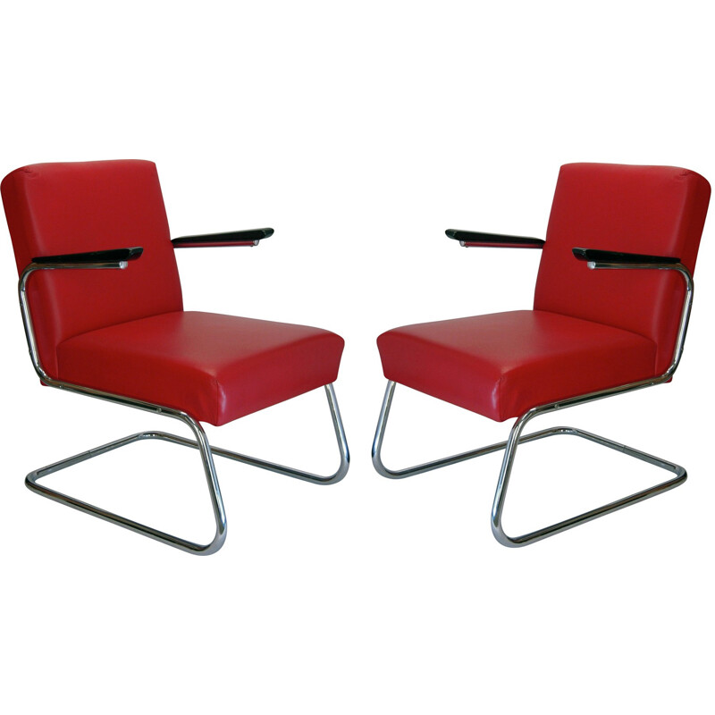 Paire de fauteuils club modernistes en cuir rouge - Maison Dradert 1930