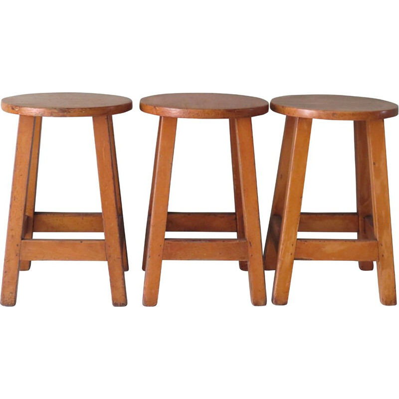 Set of 3 vintage wooden studio stools, Belgium 1960s