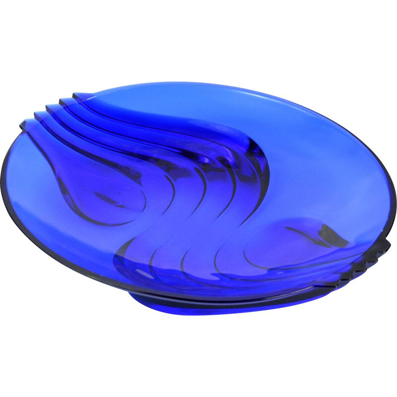 Vintage cobalt plate and glass dish by Luminarc, France 1970