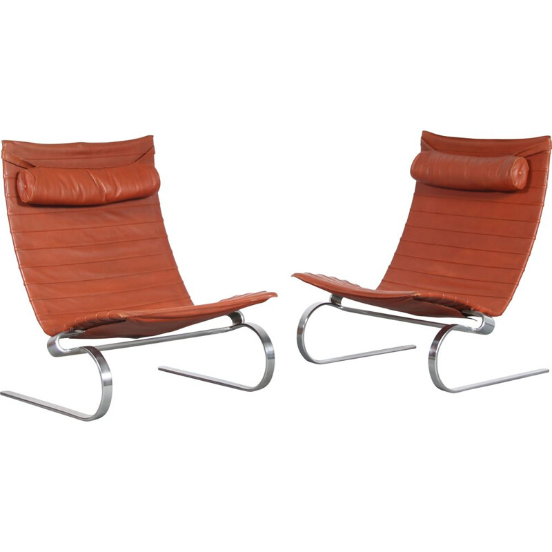 Pair of vintage chromed metal armchairs Pk20 by Poul Kjaerholm for E. Kold Christensen, Denmark 1960